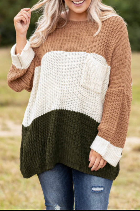 Khaki Color Block Tiered Knit Plus Size Sweater