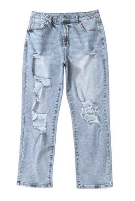Sky Blue Wash Frayed Slim Fit High Waist Jeans