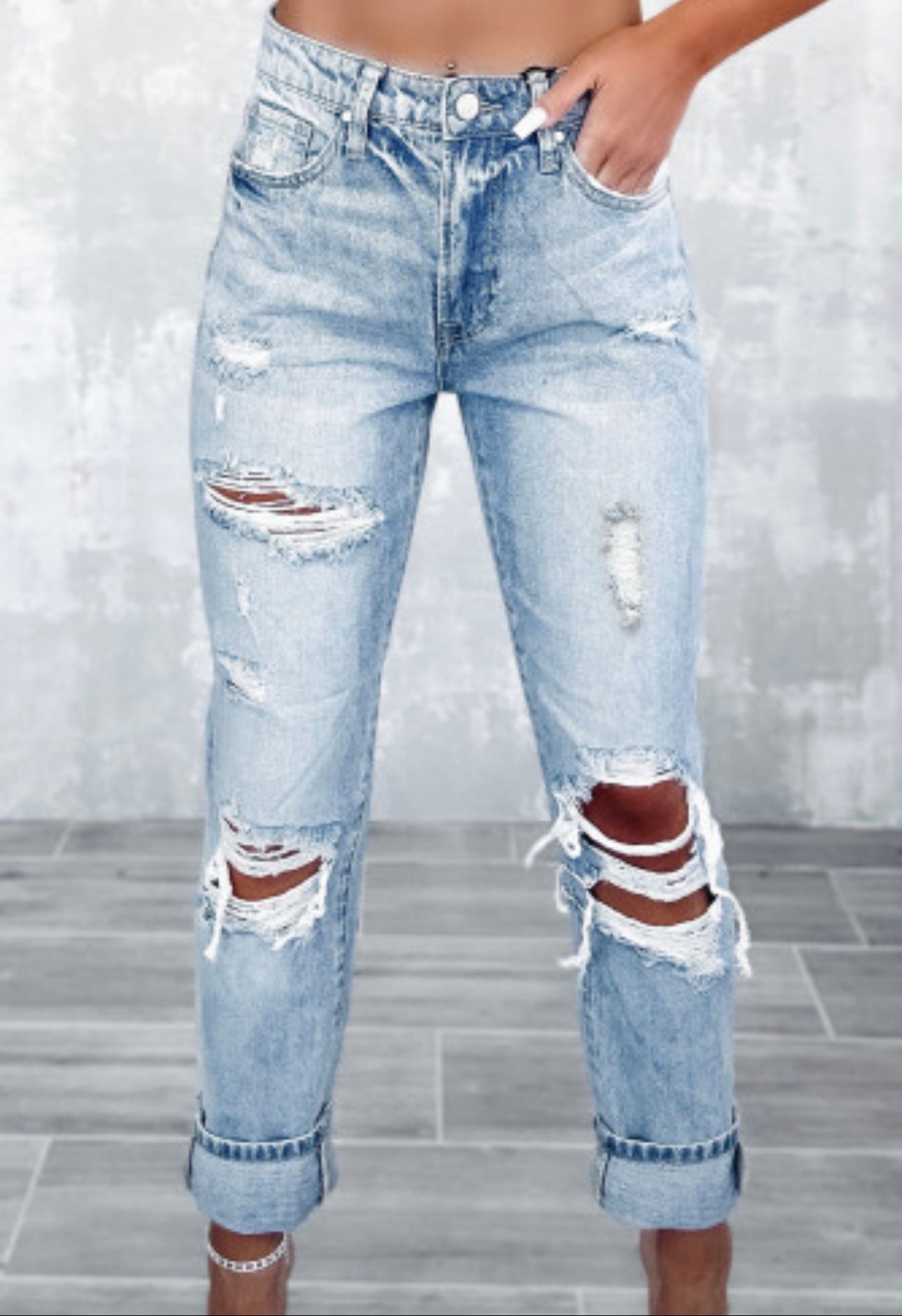 Sky Blue Wash Frayed Slim Fit High Waist Jeans