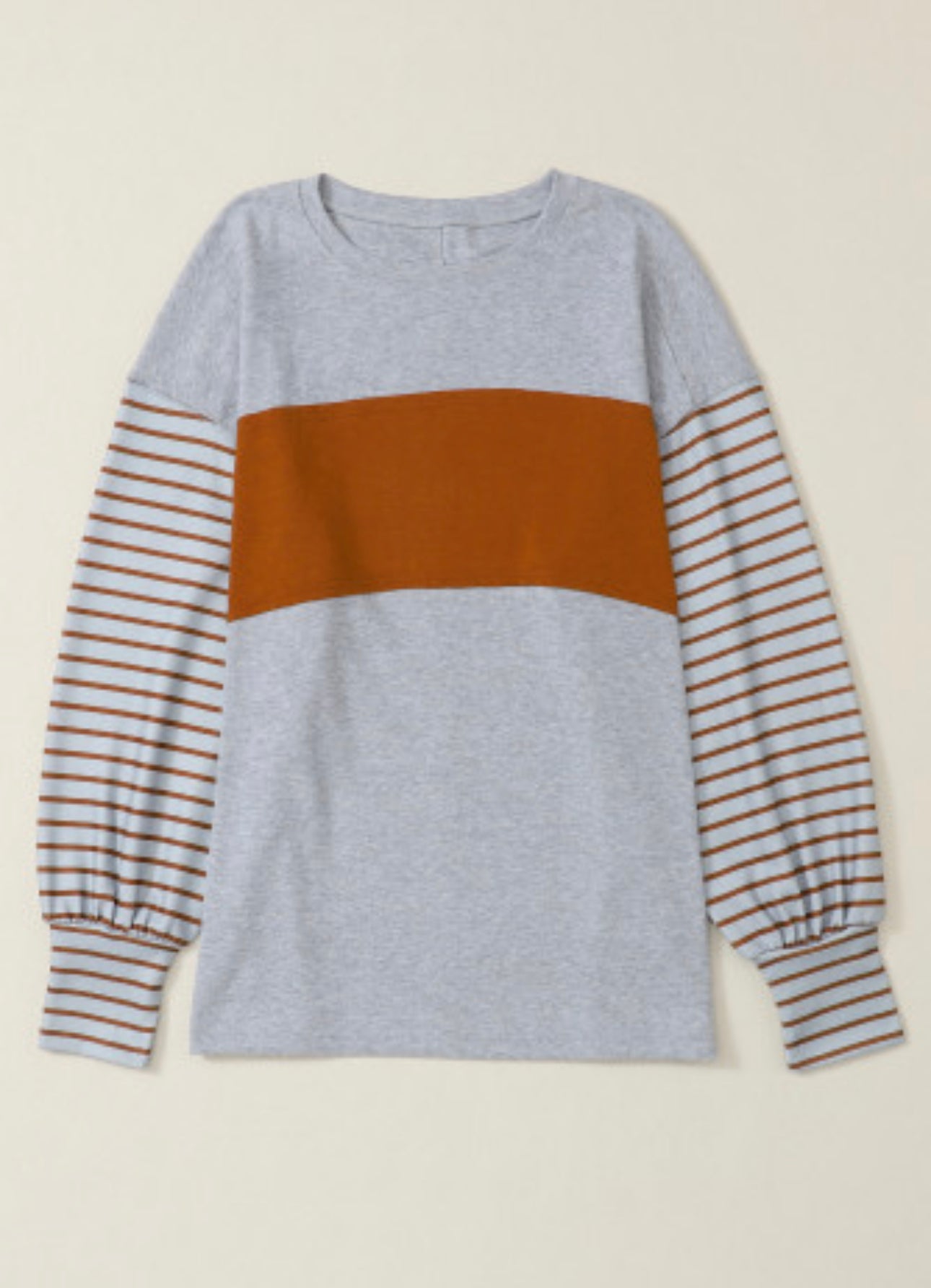 Gray Colorblock Striped Bishop Sleeve Top