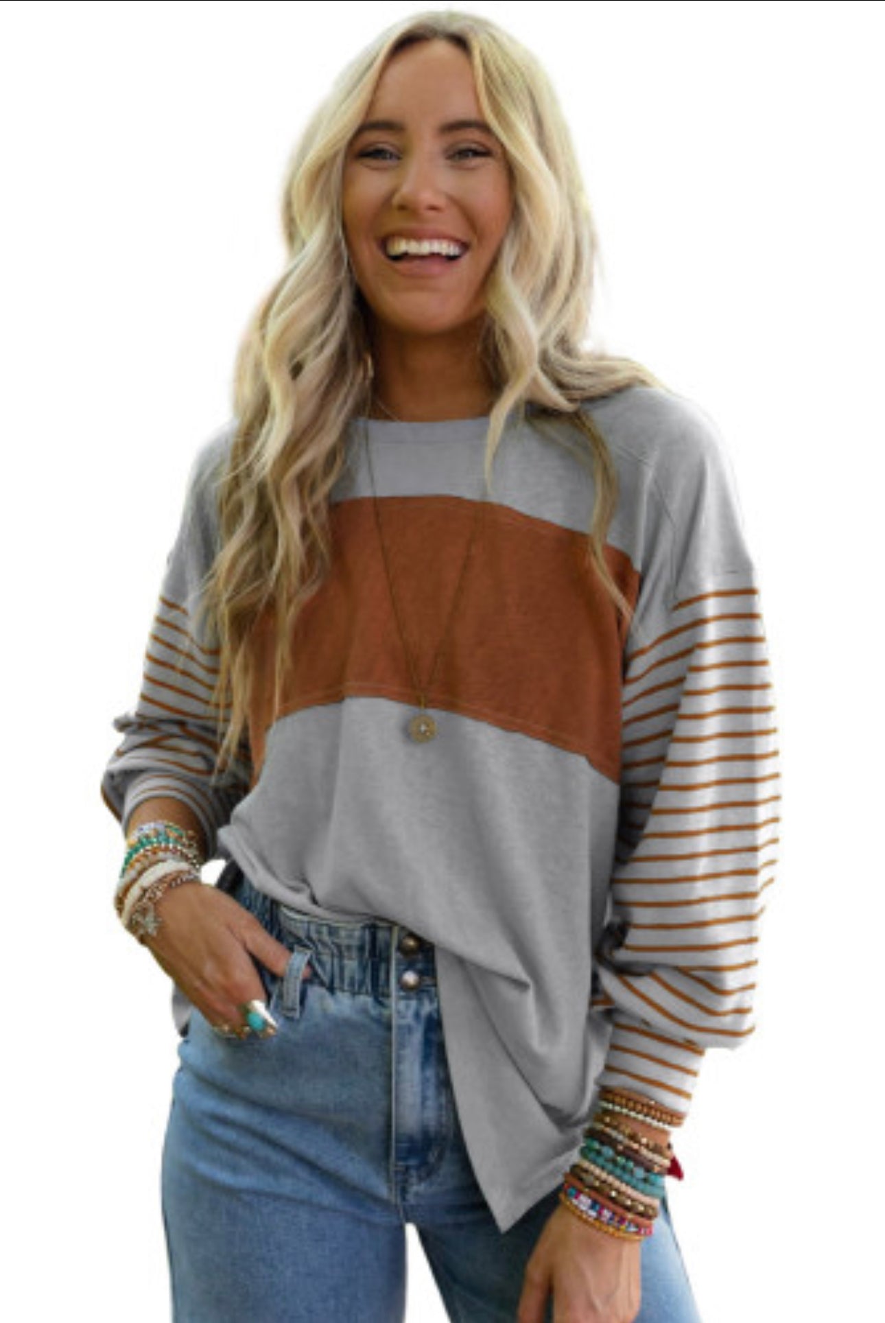 Gray Colorblock Striped Bishop Sleeve Top