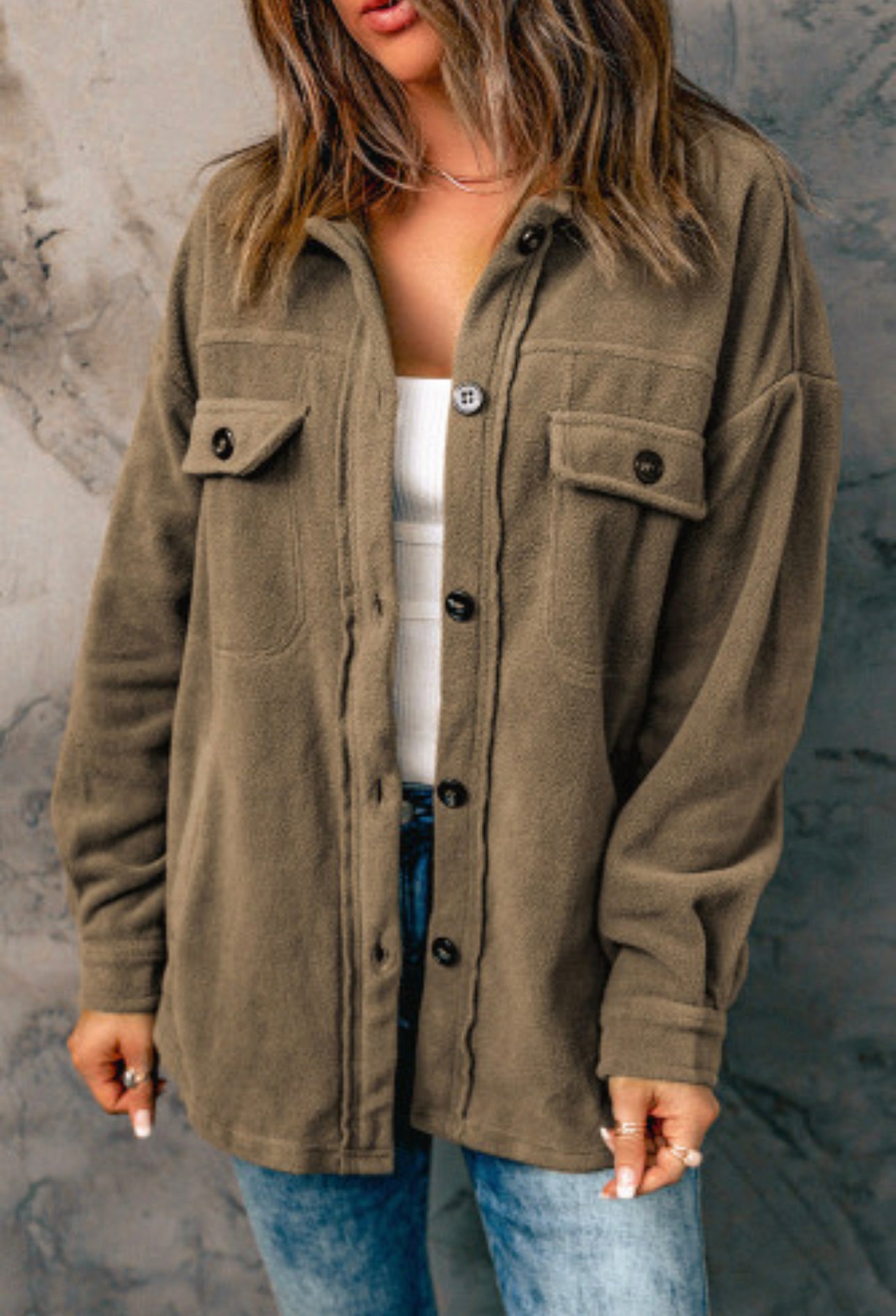 Turned Down Collar Buttoned Shirt Jacket