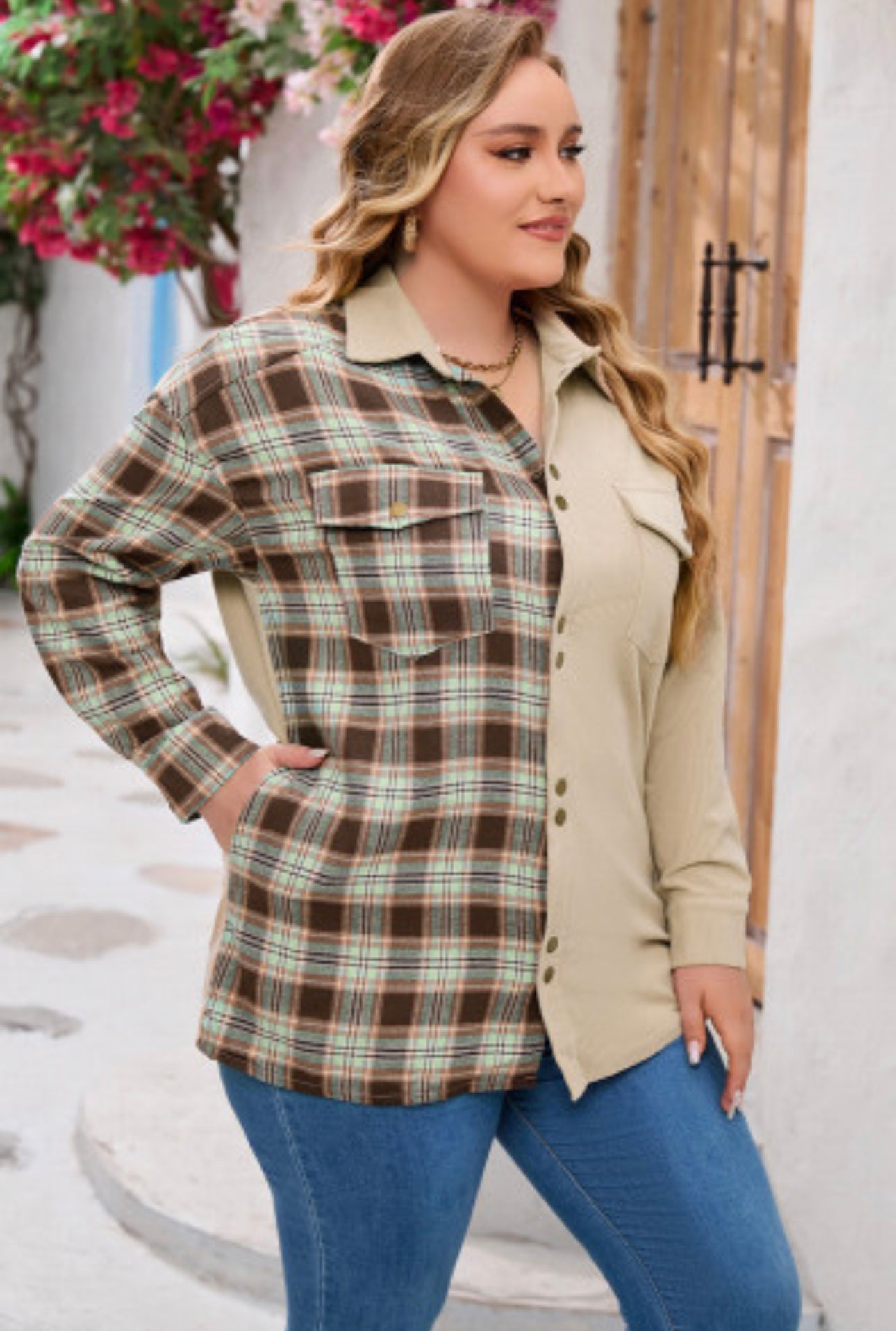 Khaki Plus Sized Washed Cord Plaid Jacket