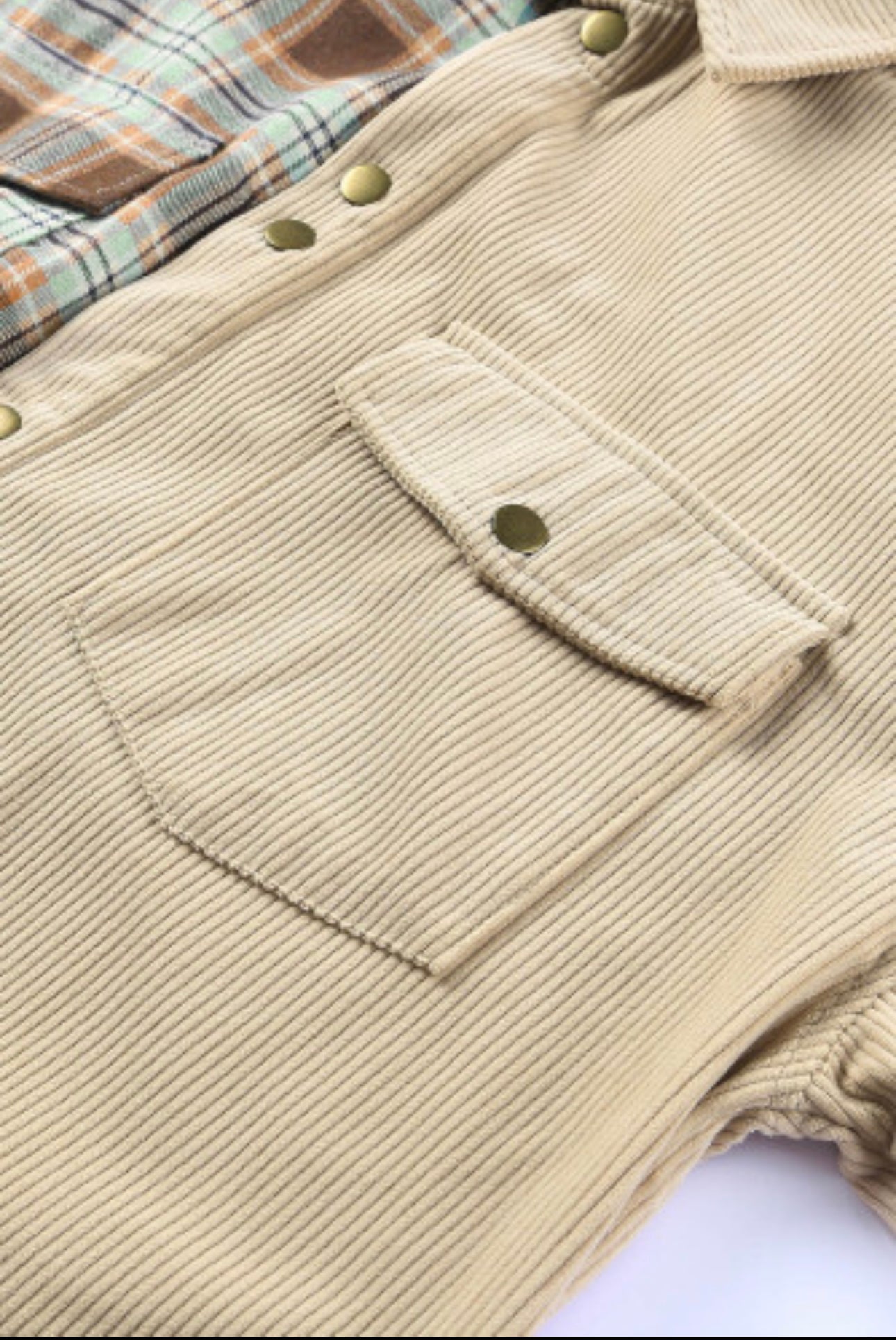 Khaki Plus Sized Washed Cord Plaid Jacket