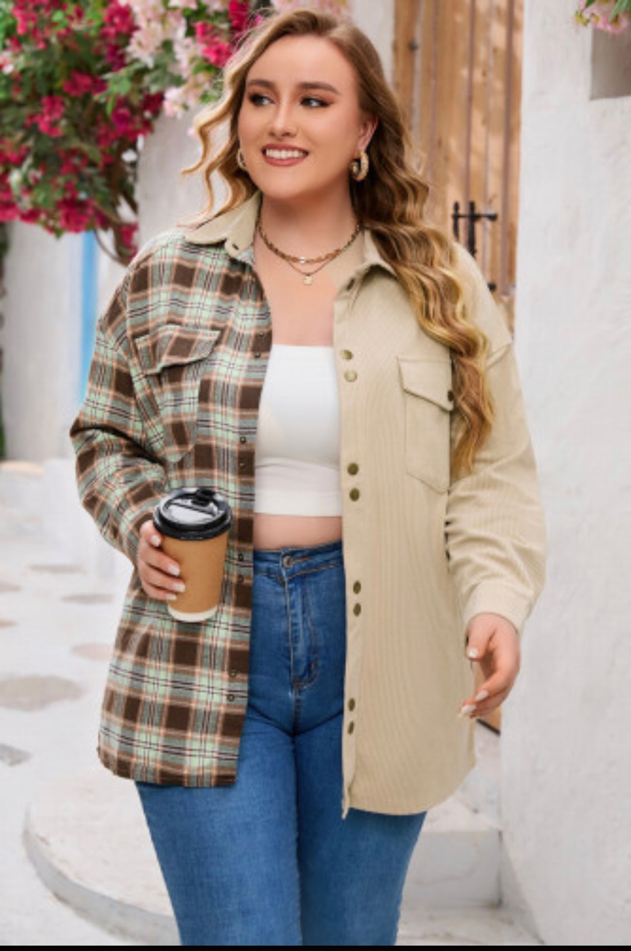 Khaki Plus Sized Washed Cord Plaid Jacket