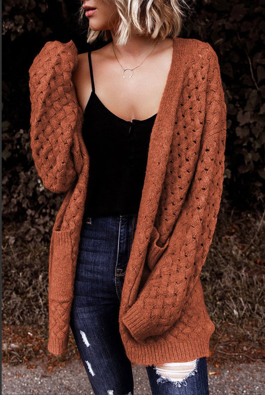 Lattice Open Front Pocketed Cardigan